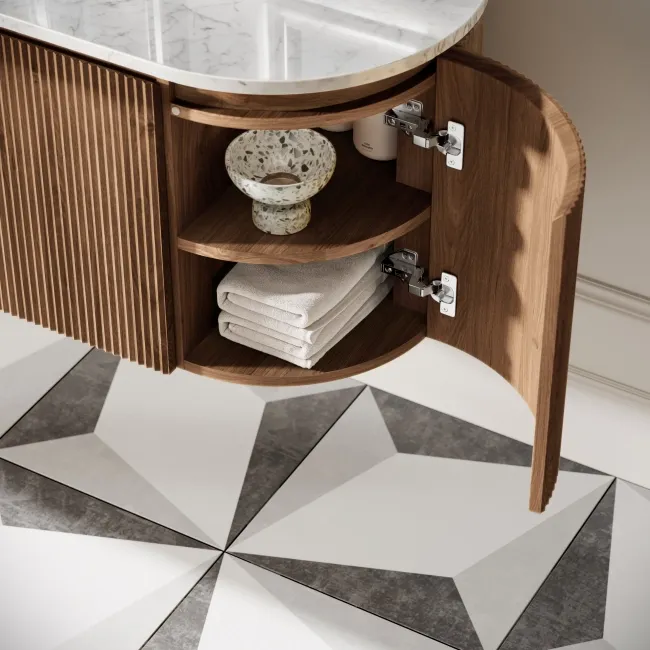 Positano Natural Walnut Curved Wall Hung Vanity Drawer with Carrara Marble Top 1500mm - Basin Not Included