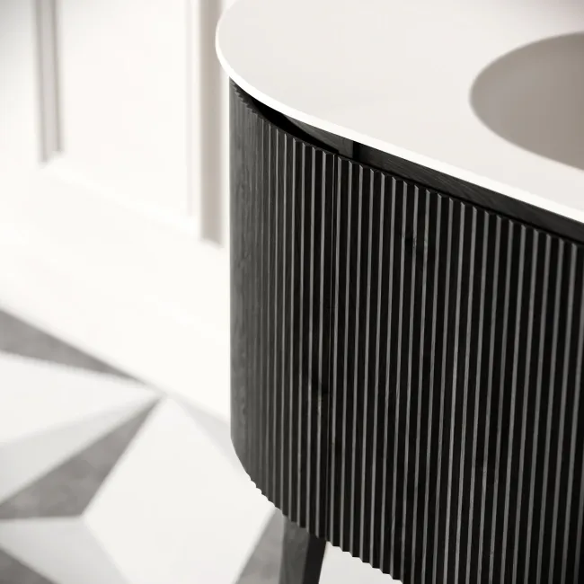Positano Black Oak Curved Vanity Unit & Matt White Double Stone Basin 1500mm