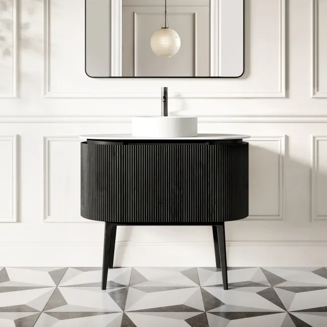 Positano Black Oak Curved Vanity Unit with Matt White Stone Top 1000mm - Basin Not Included