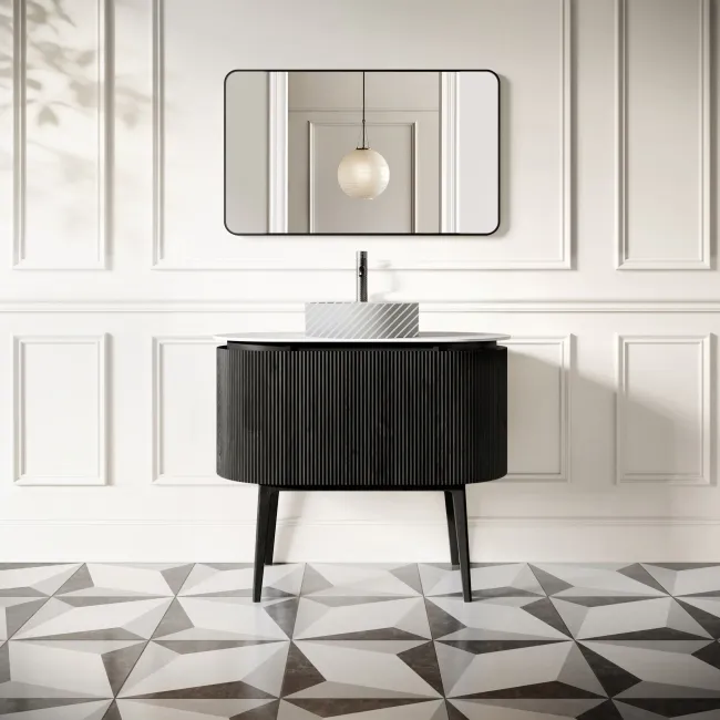 Positano Black Oak Curved Vanity Unit with Matt White Stone Top 1000mm - Basin Not Included