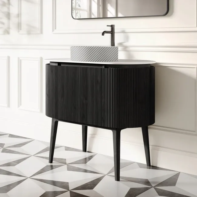 Positano Black Oak Curved Vanity Unit with Matt White Stone Top 1000mm - Basin Not Included