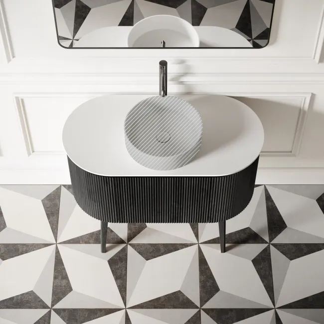 Positano Black Oak Curved Vanity Unit with Matt White Stone Top 1000mm - Basin Not Included