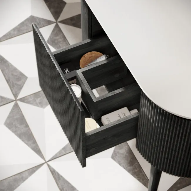 Positano Black Oak Curved Vanity Unit with Matt White Stone Top 1000mm - Basin Not Included