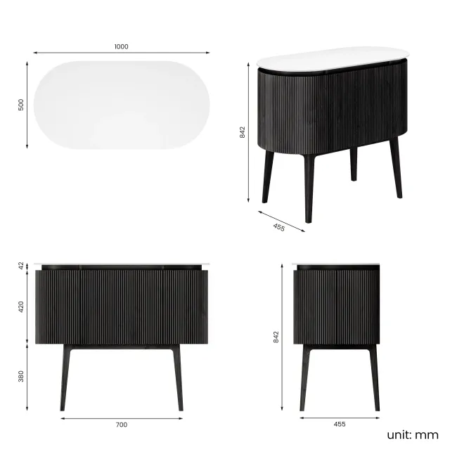 Positano Black Oak Curved Vanity Unit with Matt White Stone Top 1000mm - Basin Not Included