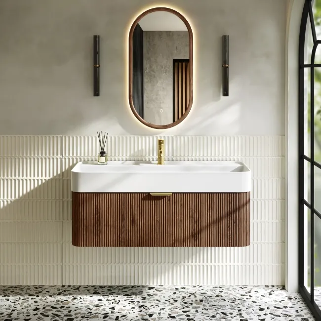 Cayman Natural Walnut Wall Hung Slimline Basin Drawer Vanity 1000mm - Brushed Brass Accents
