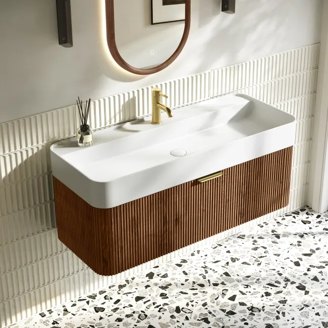 Cayman Natural Walnut Wall Hung Slimline Basin Drawer Vanity 1000mm - Brushed Brass Accents