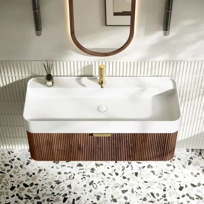 Cayman Natural Walnut Wall Hung Slimline Basin Drawer Vanity 1000mm - Brushed Brass Accents