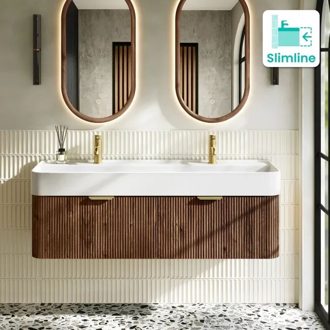 Cayman Natural Walnut Wall Hung Slimline Basin Drawer Vanity 1200mm - Brushed Brass Accents