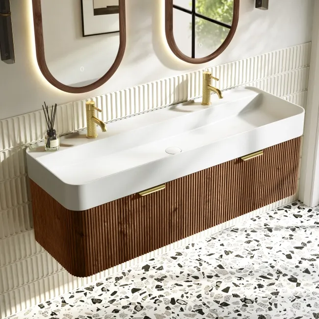 Cayman Natural Walnut Wall Hung Slimline Basin Drawer Vanity 1200mm - Brushed Brass Accents