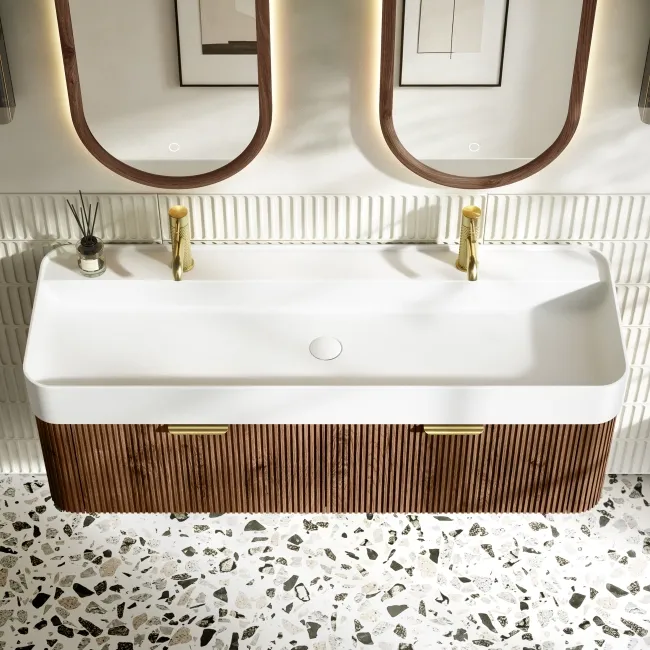 Cayman Natural Walnut Wall Hung Slimline Basin Drawer Vanity 1200mm - Brushed Brass Accents