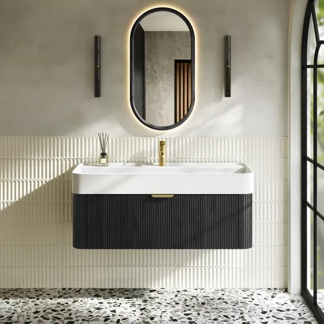 Cayman Black Oak Wall Hung Slimline Basin Drawer Vanity 1000mm - Brushed Brass Accents
