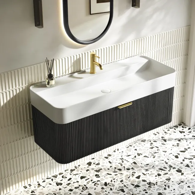 Cayman Black Oak Wall Hung Slimline Basin Drawer Vanity 1000mm - Brushed Brass Accents
