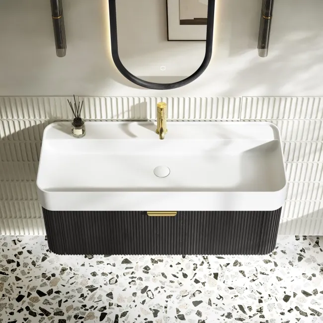 Cayman Black Oak Wall Hung Slimline Basin Drawer Vanity 1000mm - Brushed Brass Accents
