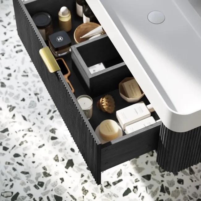 Cayman Black Oak Wall Hung Slimline Basin Drawer Vanity 1000mm - Brushed Brass Accents