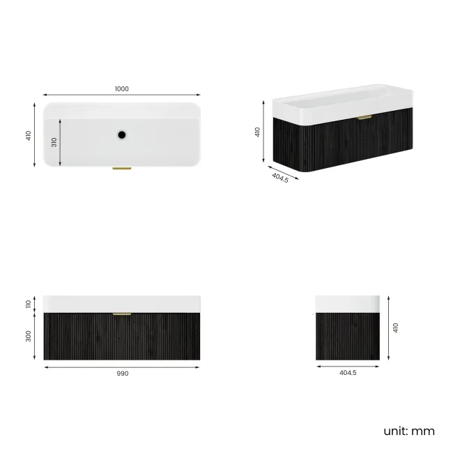 Cayman Black Oak Wall Hung Slimline Basin Drawer Vanity 1000mm - Brushed Brass Accents
