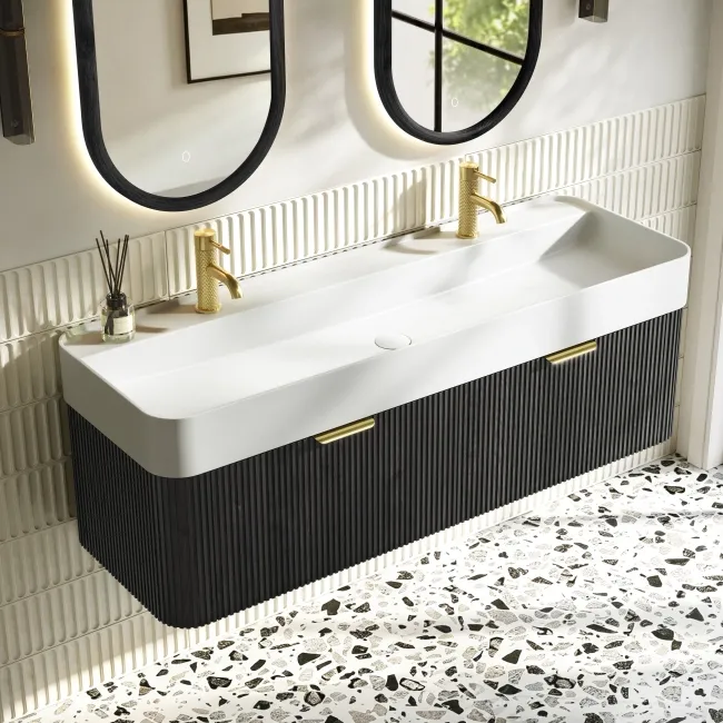 Cayman Black Oak Wall Hung Slimline Basin Drawer Vanity 1200mm - Brushed Brass Accents