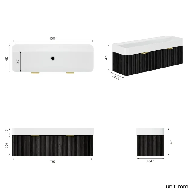 Cayman Black Oak Wall Hung Slimline Basin Drawer Vanity 1200mm - Brushed Brass Accents