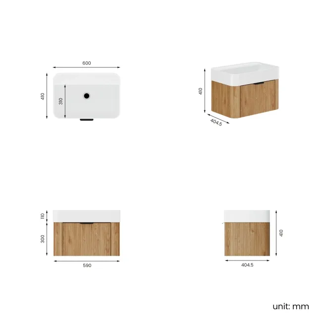 Cayman Natural Oak Wall Hung Slimline Basin Drawer Vanity 600mm - Black Accents
