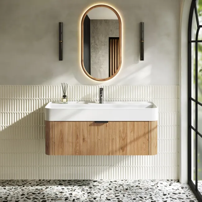 Cayman Natural Oak Wall Hung Slimline Basin Drawer Vanity 1000mm - Black Accents