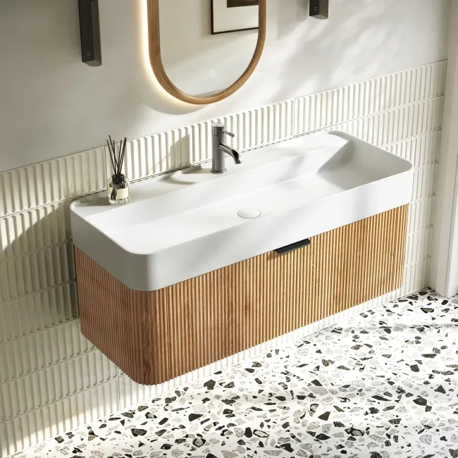 Cayman Natural Oak Wall Hung Slimline Basin Drawer Vanity 1000mm - Black Accents