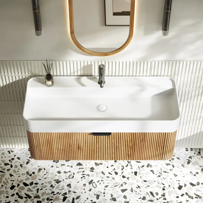 Cayman Natural Oak Wall Hung Slimline Basin Drawer Vanity 1000mm - Black Accents