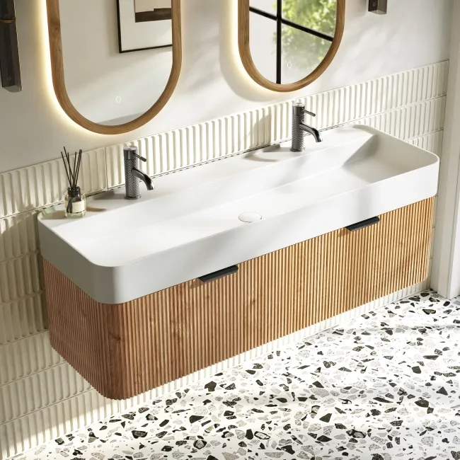 Cayman Natural Oak Wall Hung Slimline Basin Drawer Vanity 1200mm - Black Accents
