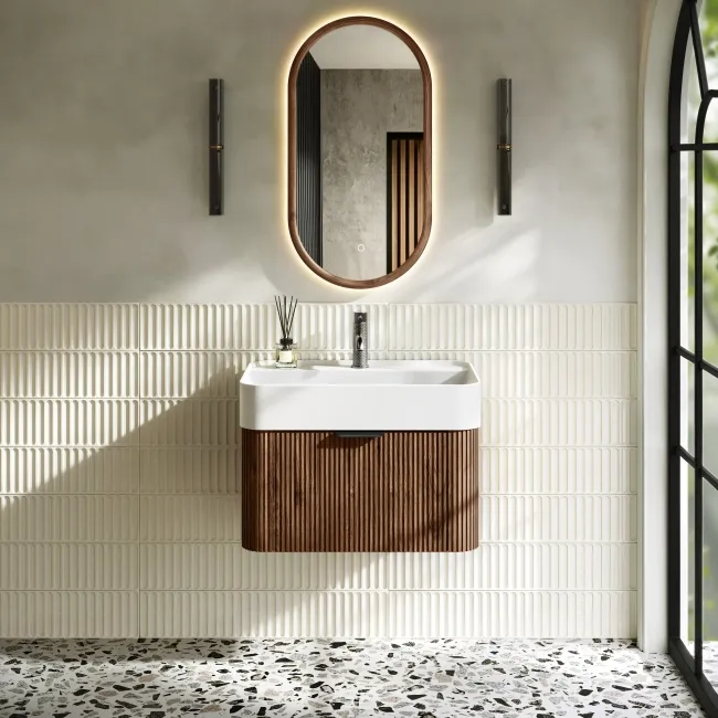 Cayman Natural Walnut Wall Hung Slimline Basin Drawer Vanity 600mm - Black Accents