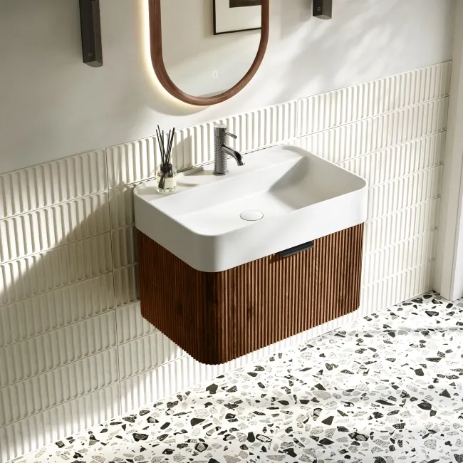 Cayman Natural Walnut Wall Hung Slimline Basin Drawer Vanity 600mm - Black Accents
