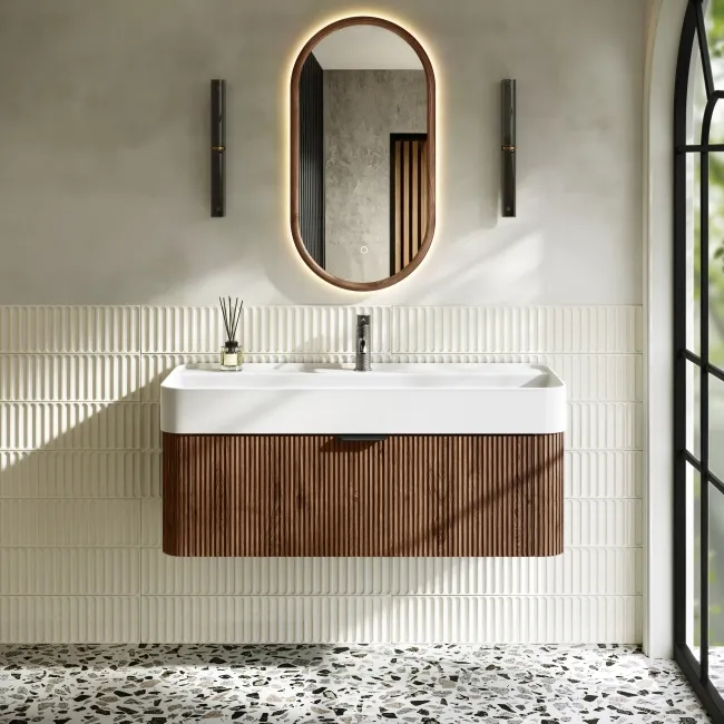 Cayman Natural Walnut Wall Hung Slimline Basin Drawer Vanity 1000mm - Black Accents