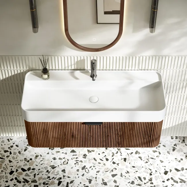 Cayman Natural Walnut Wall Hung Slimline Basin Drawer Vanity 1000mm - Black Accents