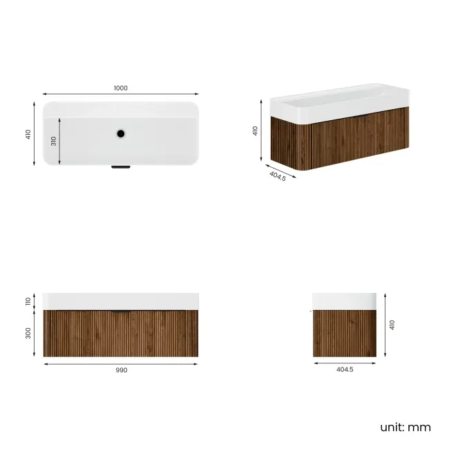 Cayman Natural Walnut Wall Hung Slimline Basin Drawer Vanity 1000mm - Black Accents