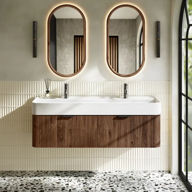 Cayman Natural Walnut Wall Hung Slimline Basin Drawer Vanity 1200mm - Black Accents