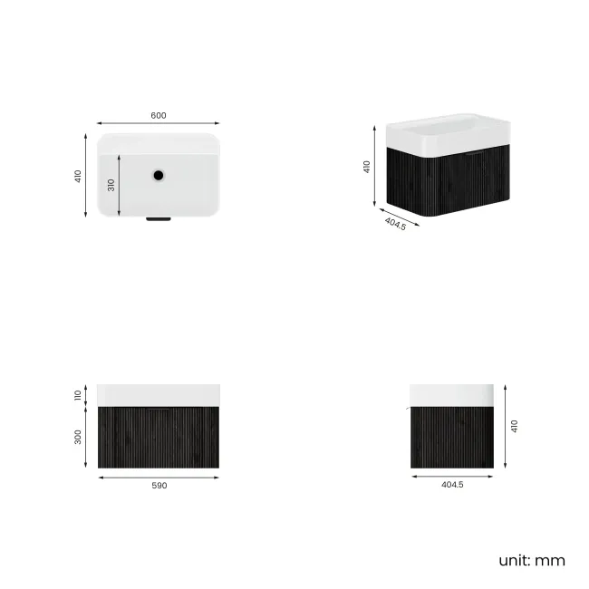 Cayman Black Oak Wall Hung Slimline Basin Drawer Vanity 600mm - Black Accents