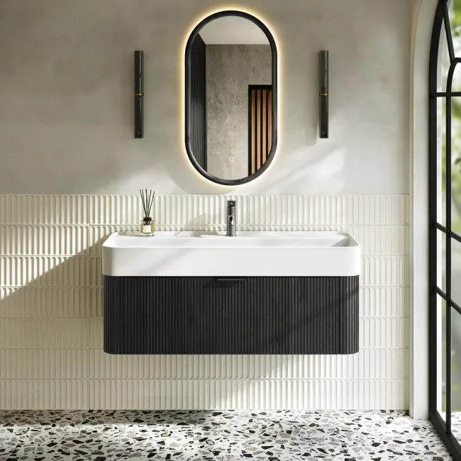 Cayman Black Oak Wall Hung Slimline Basin Drawer Vanity 1000mm - Black Accents