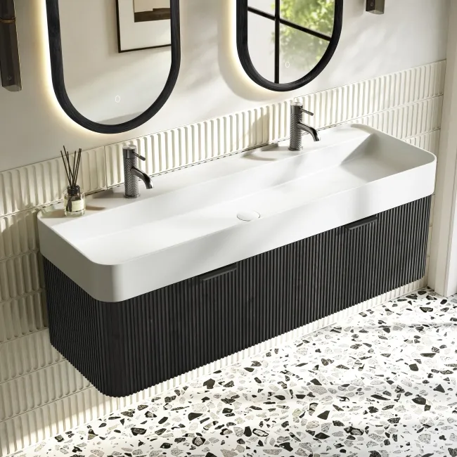 Cayman Black Oak Wall Hung Slimline Basin Drawer Vanity 1200mm - Black Accents