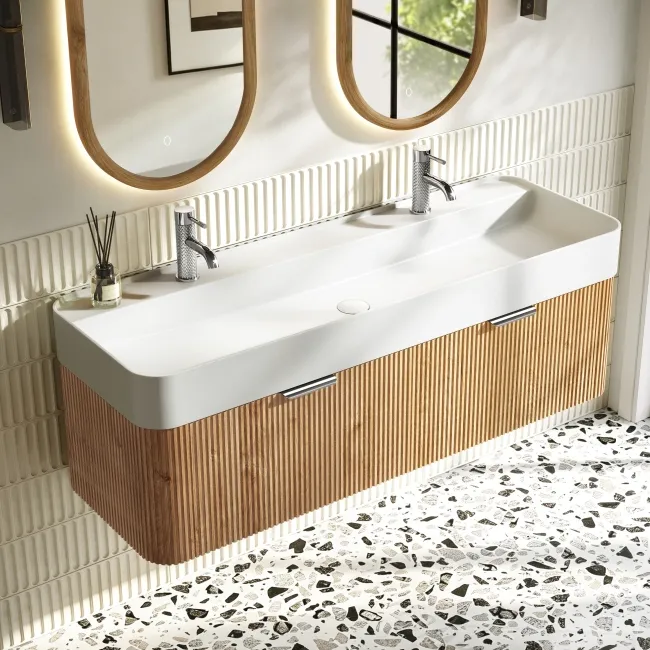 Cayman Natural Oak Wall Hung Slimline Basin Drawer Vanity 1200mm - Chrome Handle