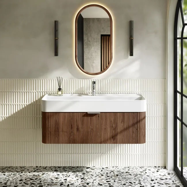 Cayman Natural Walnut Wall Hung Slimline Basin Drawer Vanity 1000mm - Chrome Handle