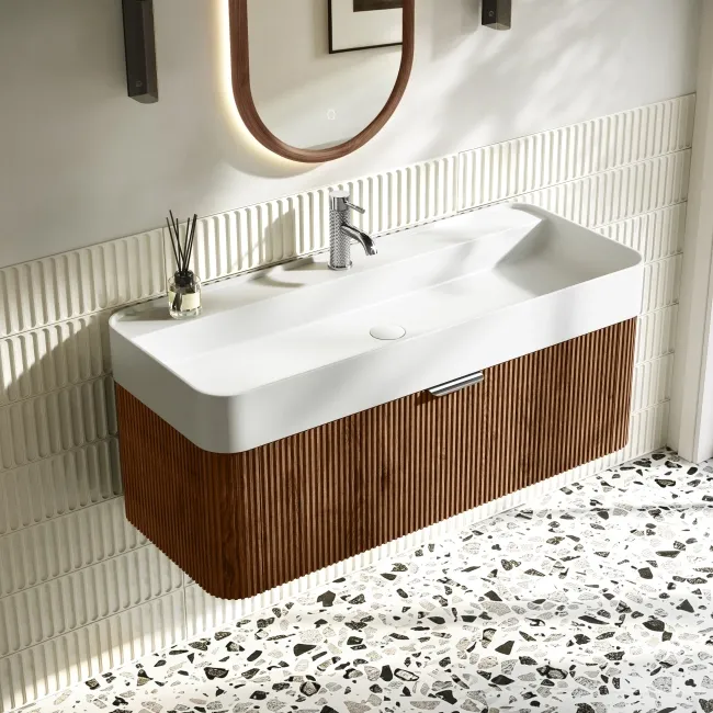 Cayman Natural Walnut Wall Hung Slimline Basin Drawer Vanity 1000mm - Chrome Handle