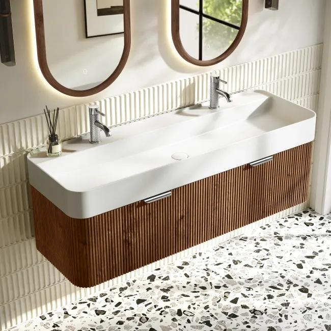 Cayman Natural Walnut Wall Hung Slimline Basin Drawer Vanity 1200mm - Chrome Handle