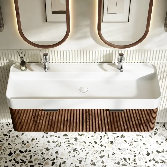 Cayman Natural Walnut Wall Hung Slimline Basin Drawer Vanity 1200mm - Chrome Handle