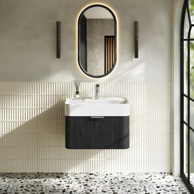 Cayman Black Oak Wall Hung Slimline Basin Drawer Vanity 600mm - Chrome Handle