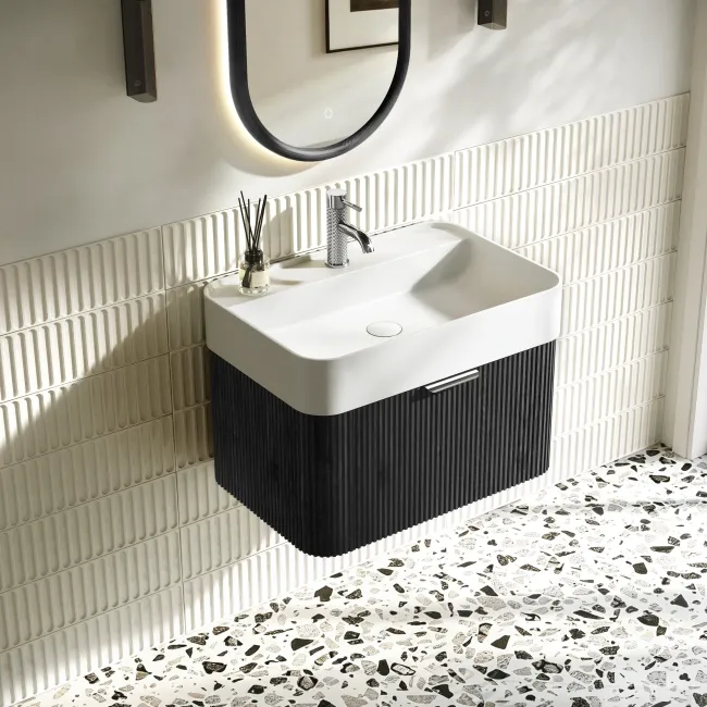 Cayman Black Oak Wall Hung Slimline Basin Drawer Vanity 600mm - Chrome Handle