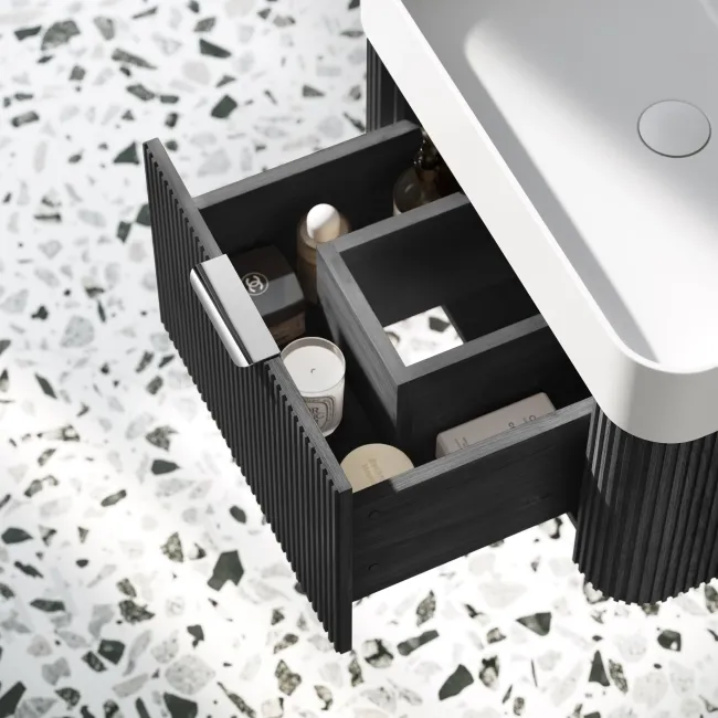 Cayman Black Oak Wall Hung Slimline Basin Drawer Vanity 600mm - Chrome Handle