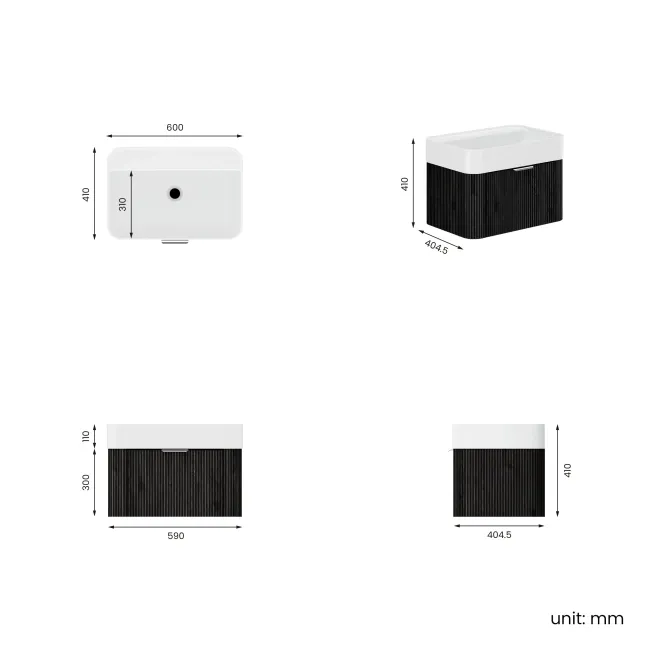 Cayman Black Oak Wall Hung Slimline Basin Drawer Vanity 600mm - Chrome Handle
