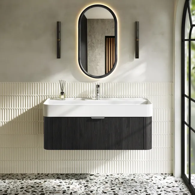 Cayman Black Oak Wall Hung Slimline Basin Drawer Vanity 1000mm - Chrome Handle