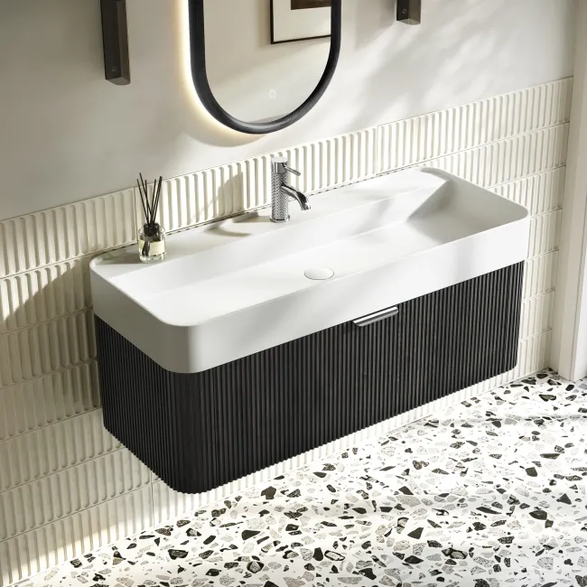 Cayman Black Oak Wall Hung Slimline Basin Drawer Vanity 1000mm - Chrome Handle