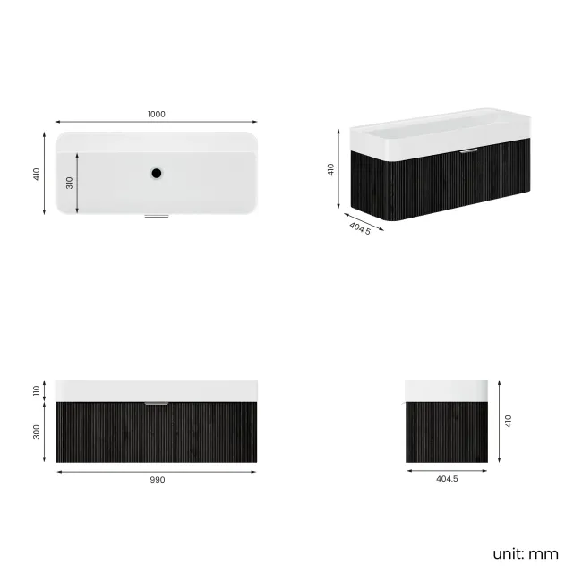 Cayman Black Oak Wall Hung Slimline Basin Drawer Vanity 1000mm - Chrome Handle