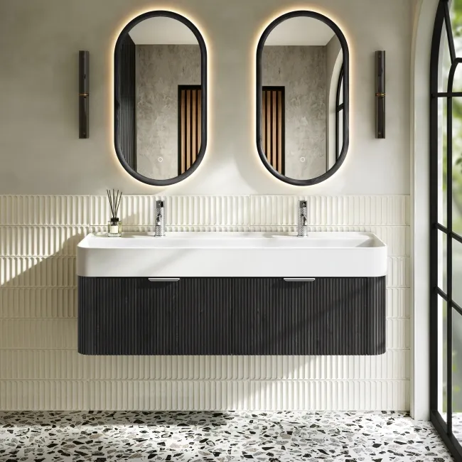 Cayman Black Oak Wall Hung Slimline Basin Drawer Vanity 1200mm - Chrome Handle