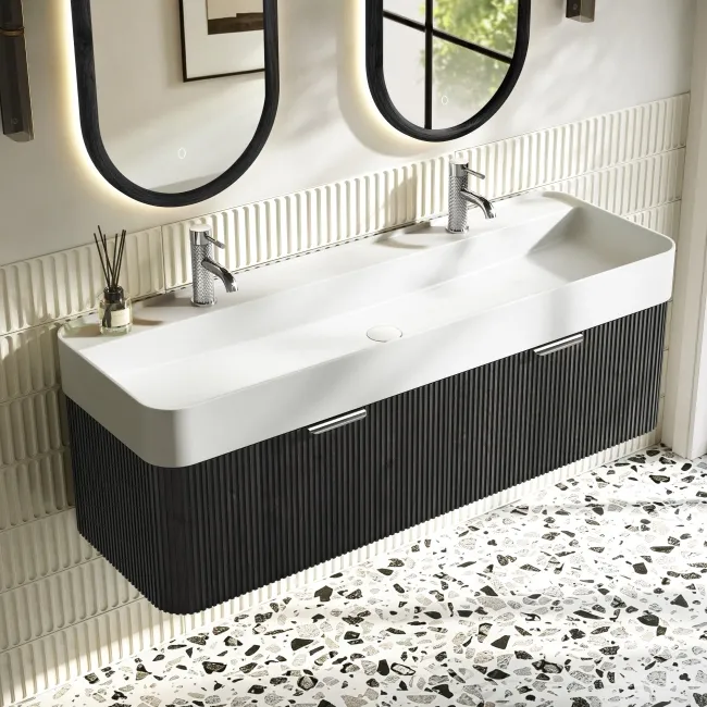 Cayman Black Oak Wall Hung Slimline Basin Drawer Vanity 1200mm - Chrome Handle
