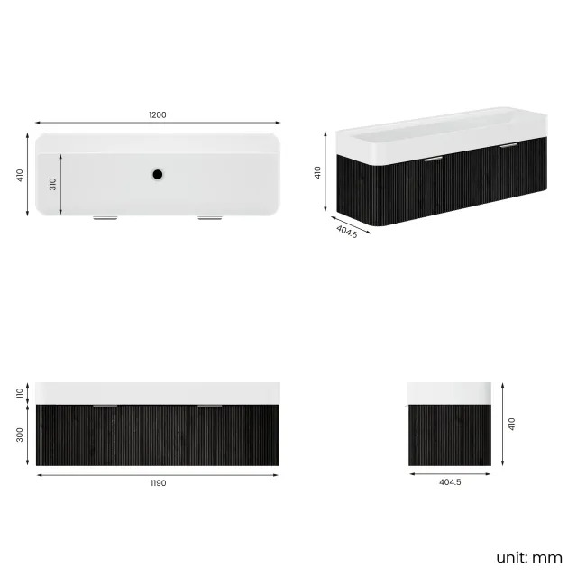 Cayman Black Oak Wall Hung Slimline Basin Drawer Vanity 1200mm - Chrome Handle